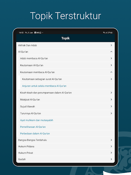 Tampilan topik terstruktur Learn Quran Tafsir